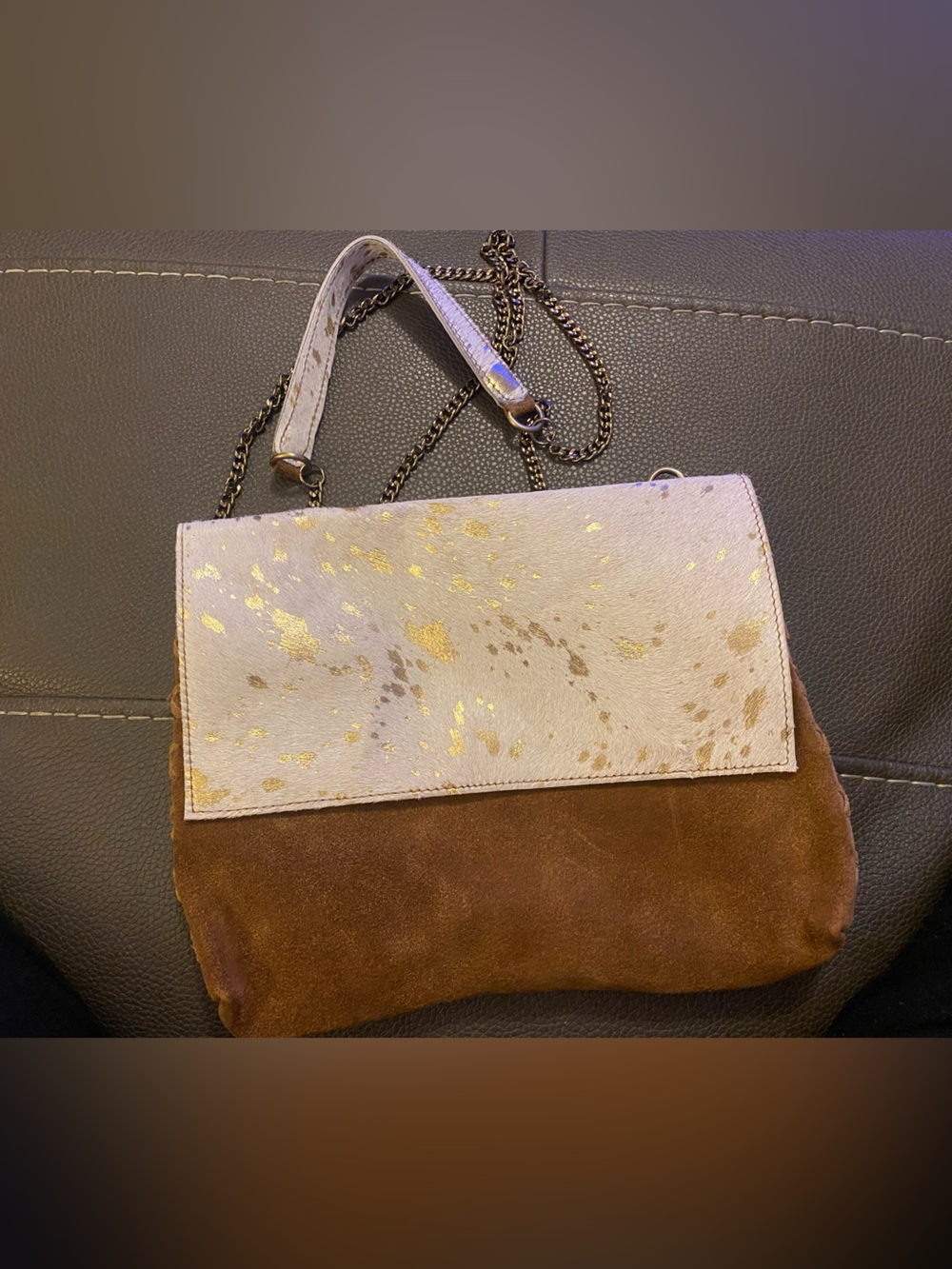 Jane Marie Bessie Crossbody Gold foil Hair-on Suede Leather Bag
